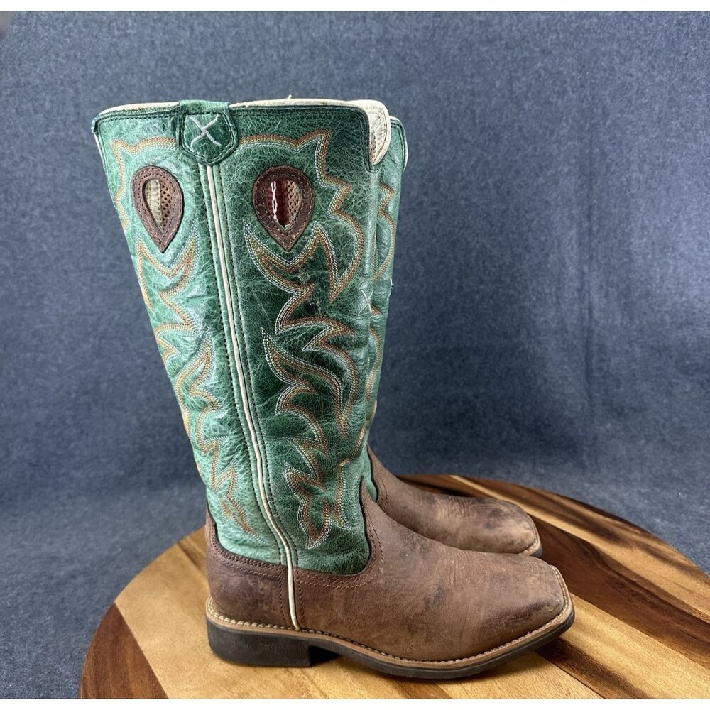 Twisted X Leather Brown/Green Tall Leather Sq Toe Boots YBK0005 Boys 1.5